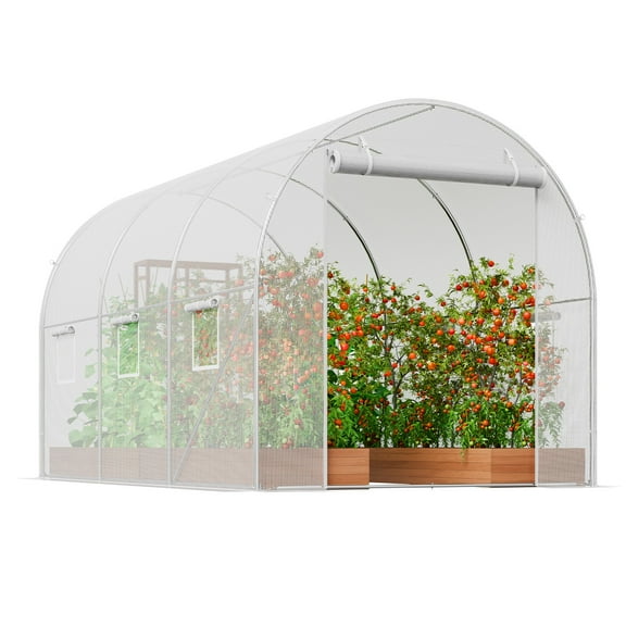 FASCK Walk-in Tunnel Greenhouse, 9.6x6.4x6.2 ft Hoop House Greenhouse Tunnel, Plant Hot House with Galvanized Steel Frame, White PE Cover, Roll-up Zipper Door and 6 Windows for Outdoor