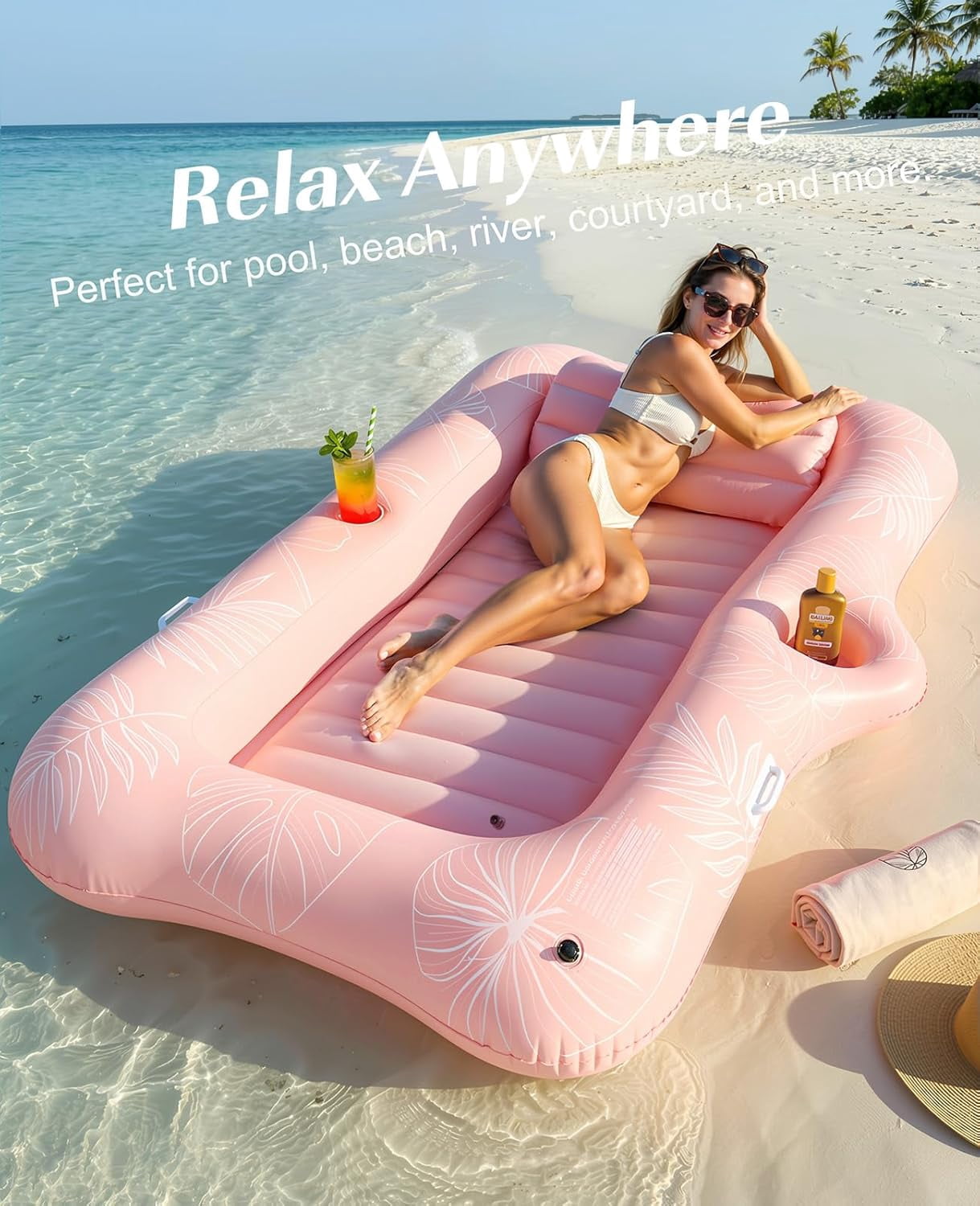 Inflatable Tanning Pool Lounger Float, Suntan Tub for Adults, Blow Up Sunbathing Pool with Integrated Pillow and Cup Holder, Heavy Duty Tanning Bed for Backyard Lake Beach