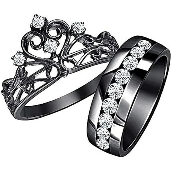 925 Sterling Silver 14K Black Gold Plated Round Cut White Diamond Double Crown Engagement Ring With Wedding Band Bridal Ring Set For Women