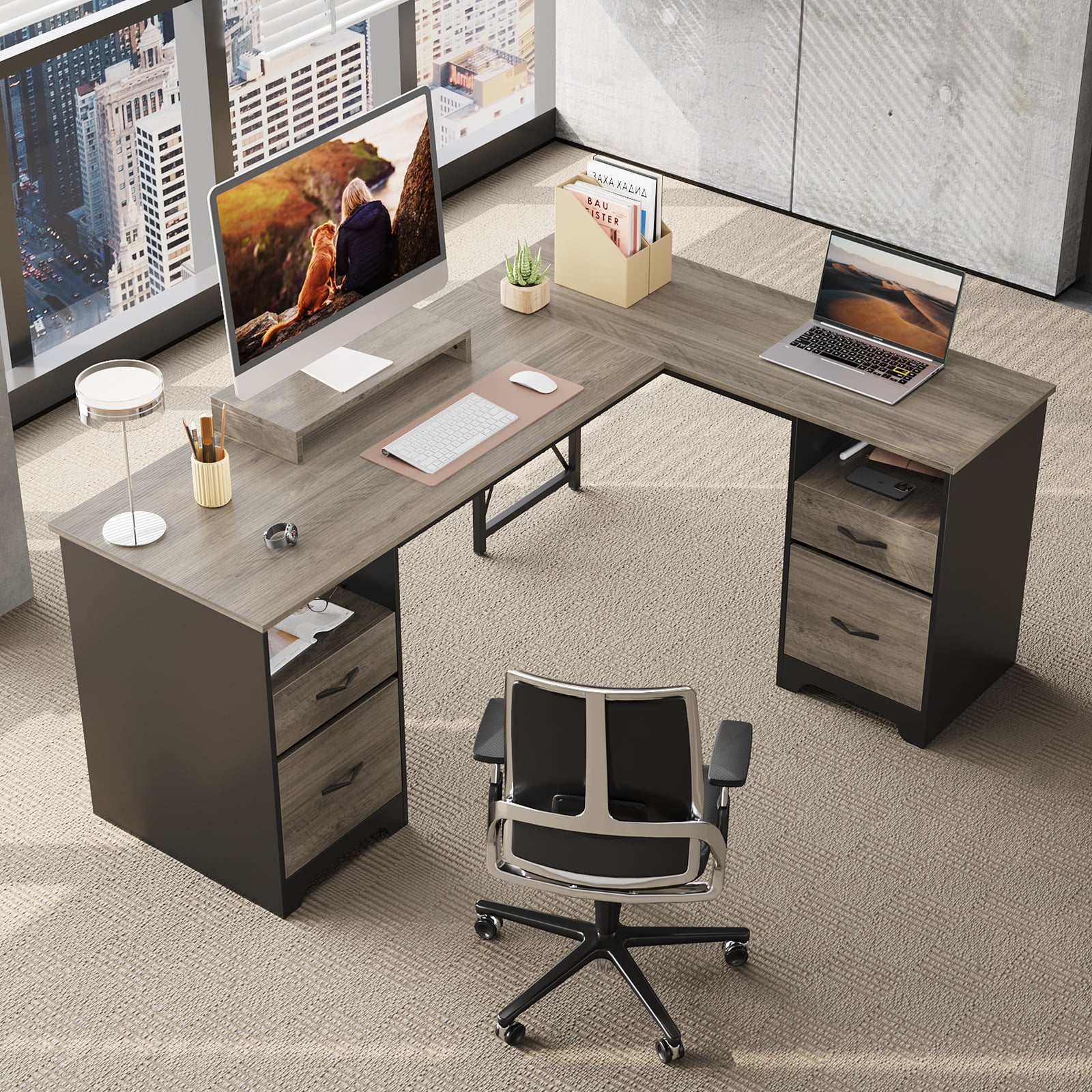 Bestier L Shaped Desk with 4 Drawers, 63" x 47" Executive Office Desk with Monitor Stand, Gray