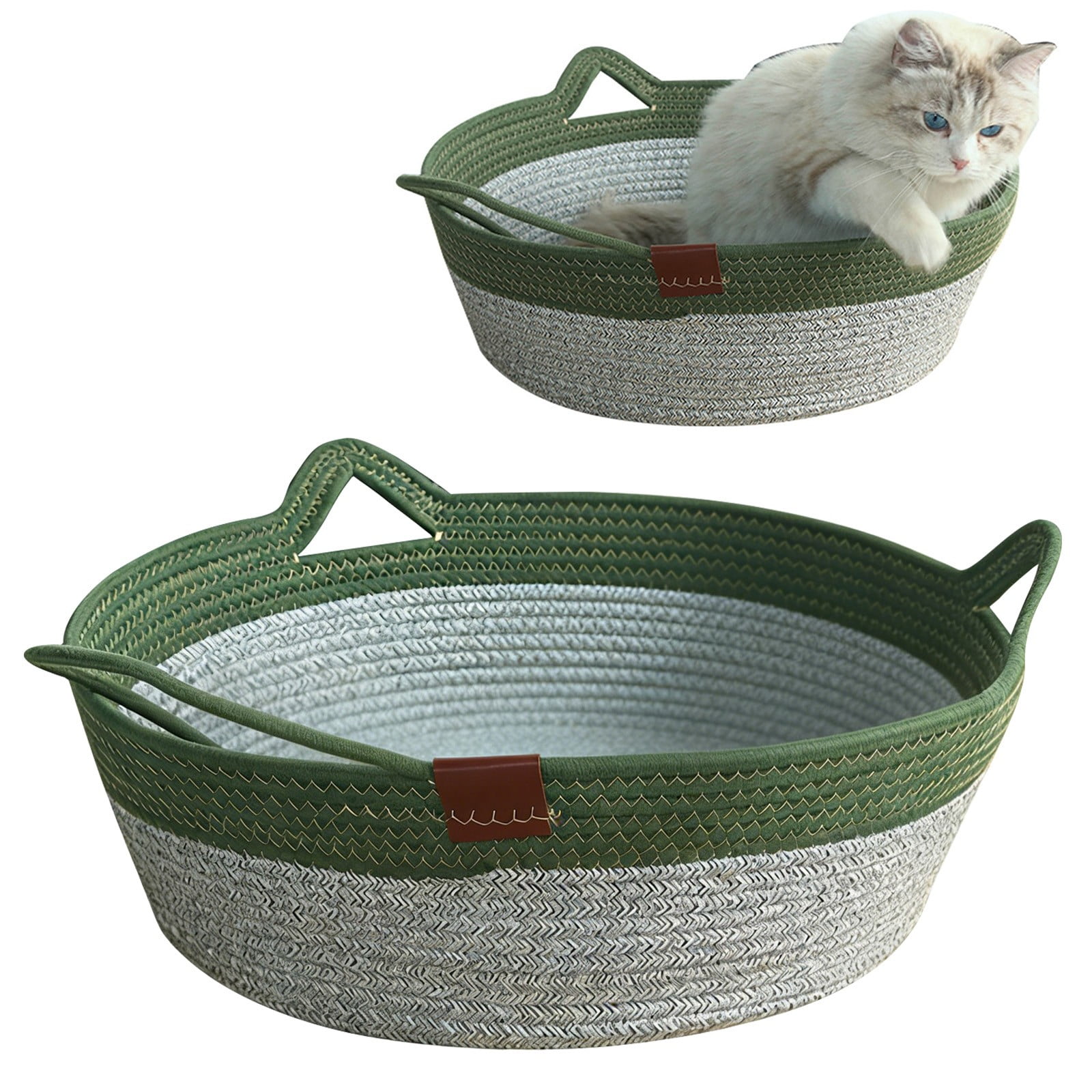 Woven Cat Bed, Woven Rope Cat Bed with Cat Ears, All Season Breathable Pet Bed for Cats Small Dogs, Washable Round Basket Style Cat House, Grey