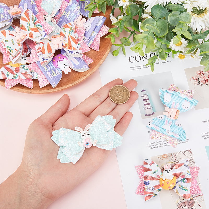 4 Sets 2 Style Baby Girl Hair Bowknot with Bunny Hair Clips Set Easter Hair Accessories for Girls 44.5~52x79~82x13~17mm 2 sets/style for DIY