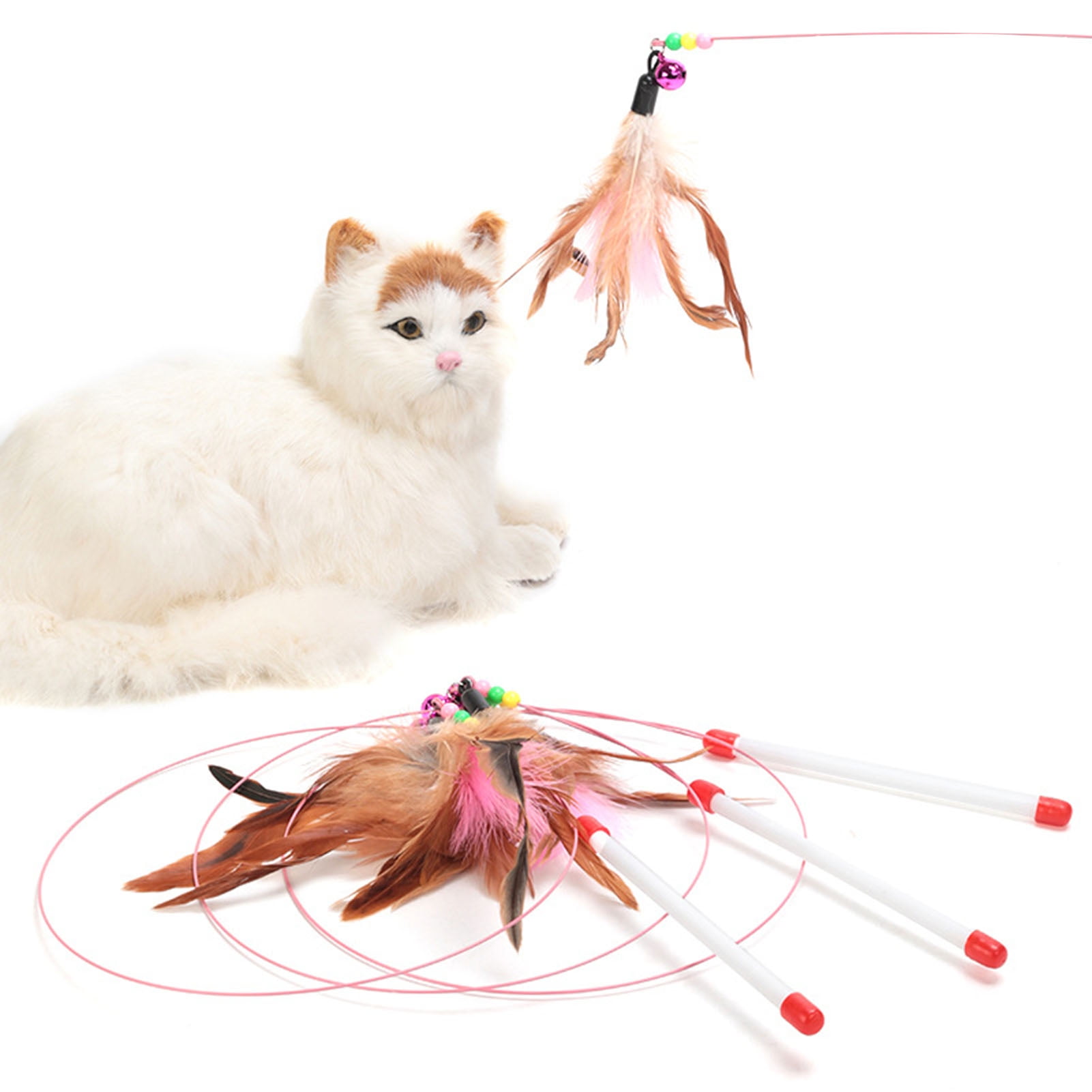 Lily And Prim's Cat Toy Wand Set - 2 Pack Steel Wire Chaser With Bells, Beads & Feather Toys