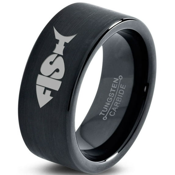 Tungsten Fish Shape Typography Band Ring 9mm Men Women Comfort Fit Black Flat Cut Brushed Polished