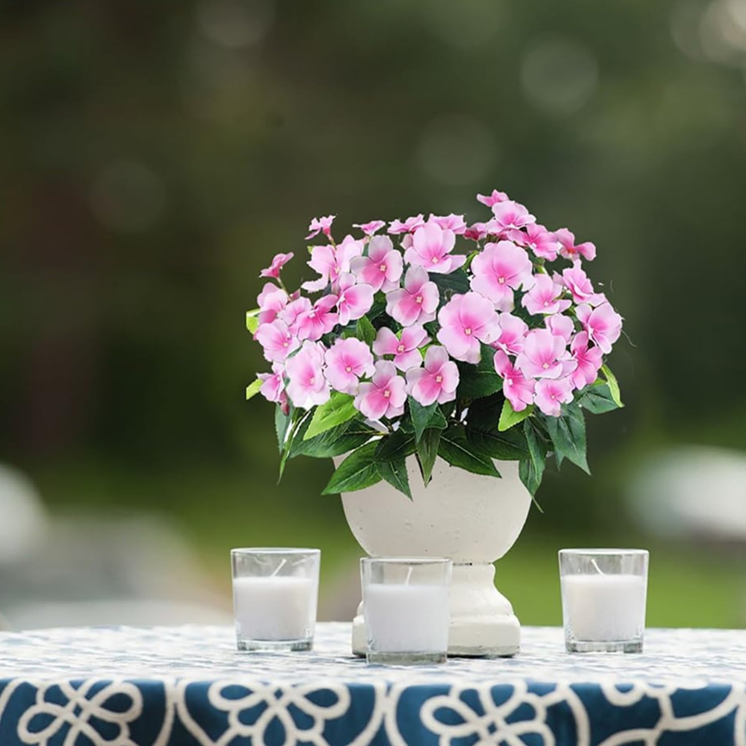 Artificial Flowers Outdoor Impatiens 4 Pcs 7 Branches Pink Flowers Fake Silk Flowers Impatiens Bushes Faux Flowers Bouquet for Wedding Table Centerpiece Holiday Home Decoration