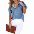 thumbnail image 3 of Chaqueta Vaquera Informal con Botones A Presión, Mangas Abullonadas y Lavado Desgastado para Mujer Azul XL, 3 of 10