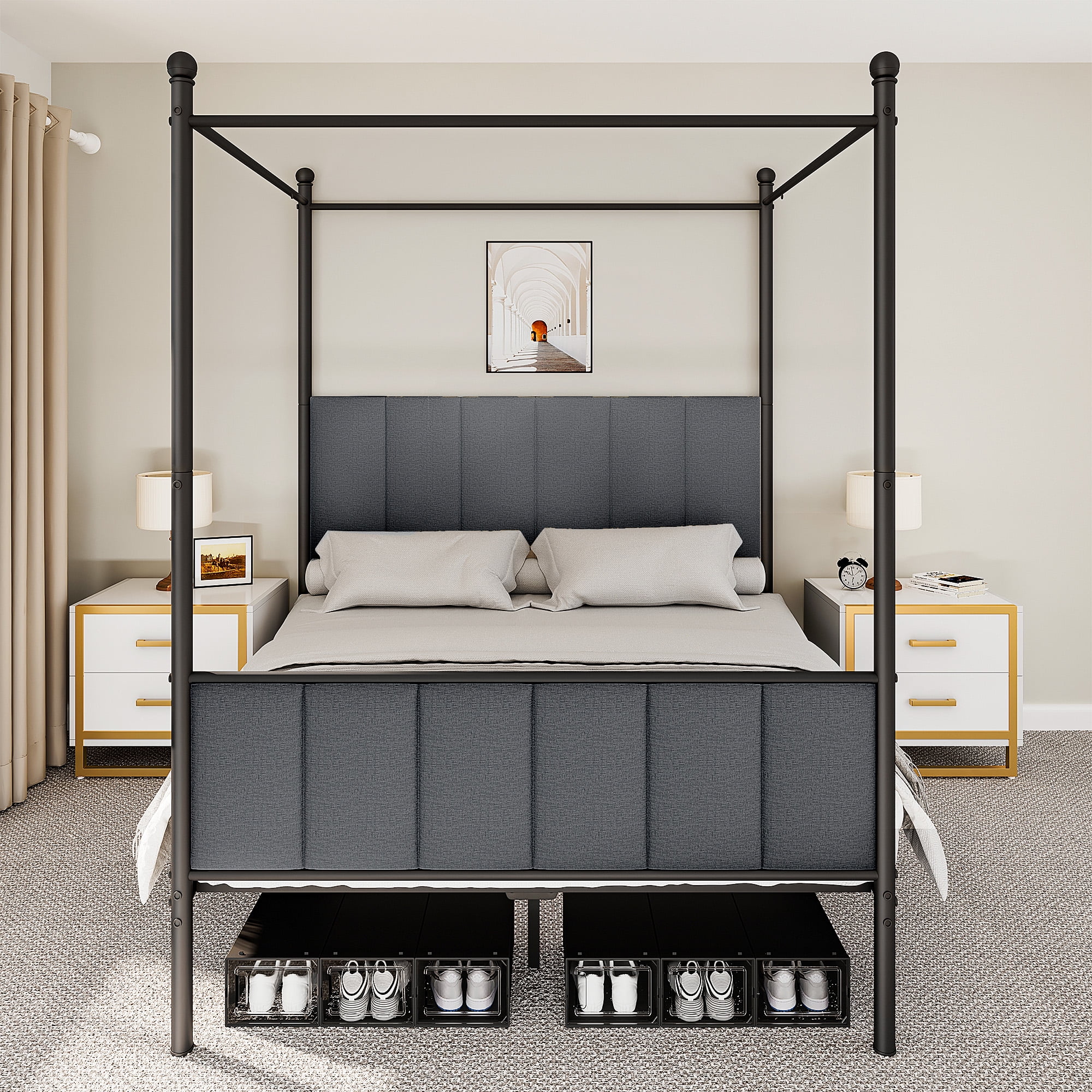 Dextrus Metal Canopy Bed Frame with Headboard Strong Metal Slat Support Mattress Foundation, No Box Spring Needed, Gray, Queen Size