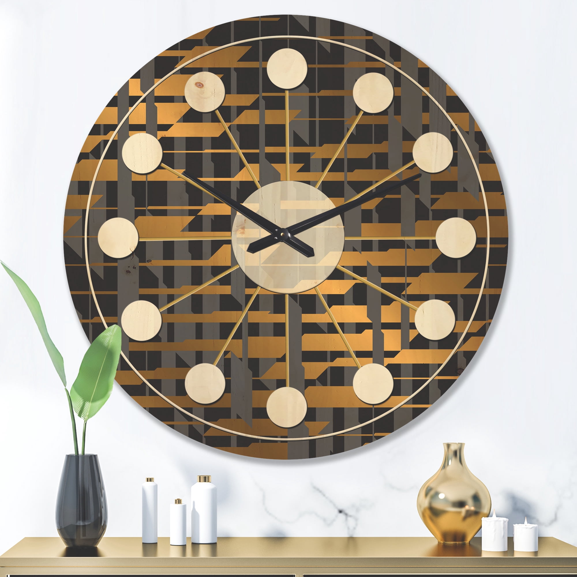 Designart 'Gold Checkered Retro Pattern I' Mid-Century Modern Wood Wall Clock