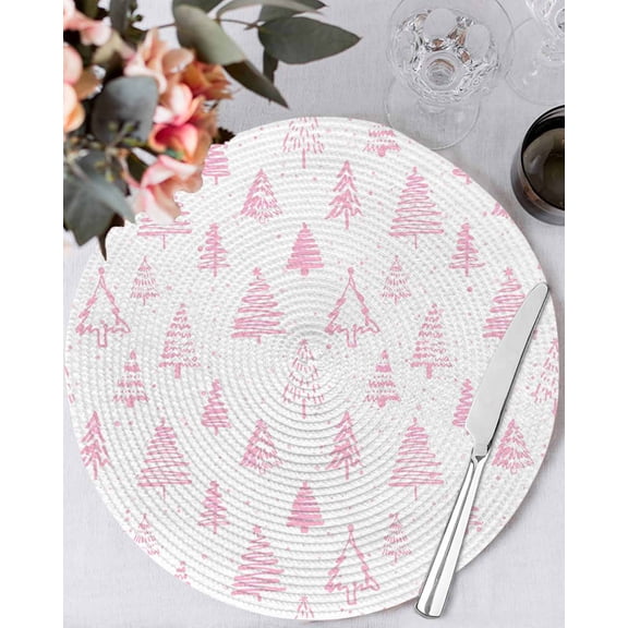 15 Inch Round Placemats Set of 4, Christmas Tree Non Slip Heat Insulation PP Table Mats, Xmas Pink Cartoon Tree Snowflakes Farmhouse Washable Place Mats for Kitchen Dining Party Table Decor