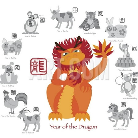 Year Dragon Zodiac Chinese New Year Dragon Color with Twelve Zodiacs Illustration Print Wall Art By jpldesigns ()