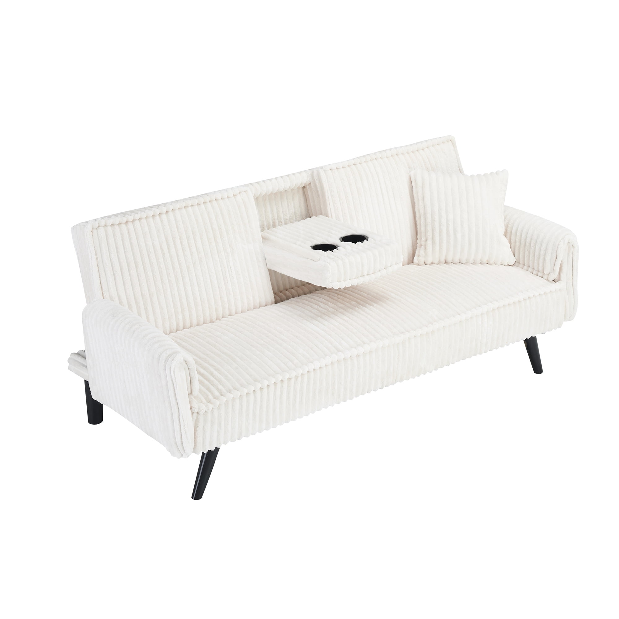 Aukfa Corduroy Futon Convertible Sofa Bed, 2 Cup Holders& Pillow, Straight-line Tufted, Beige