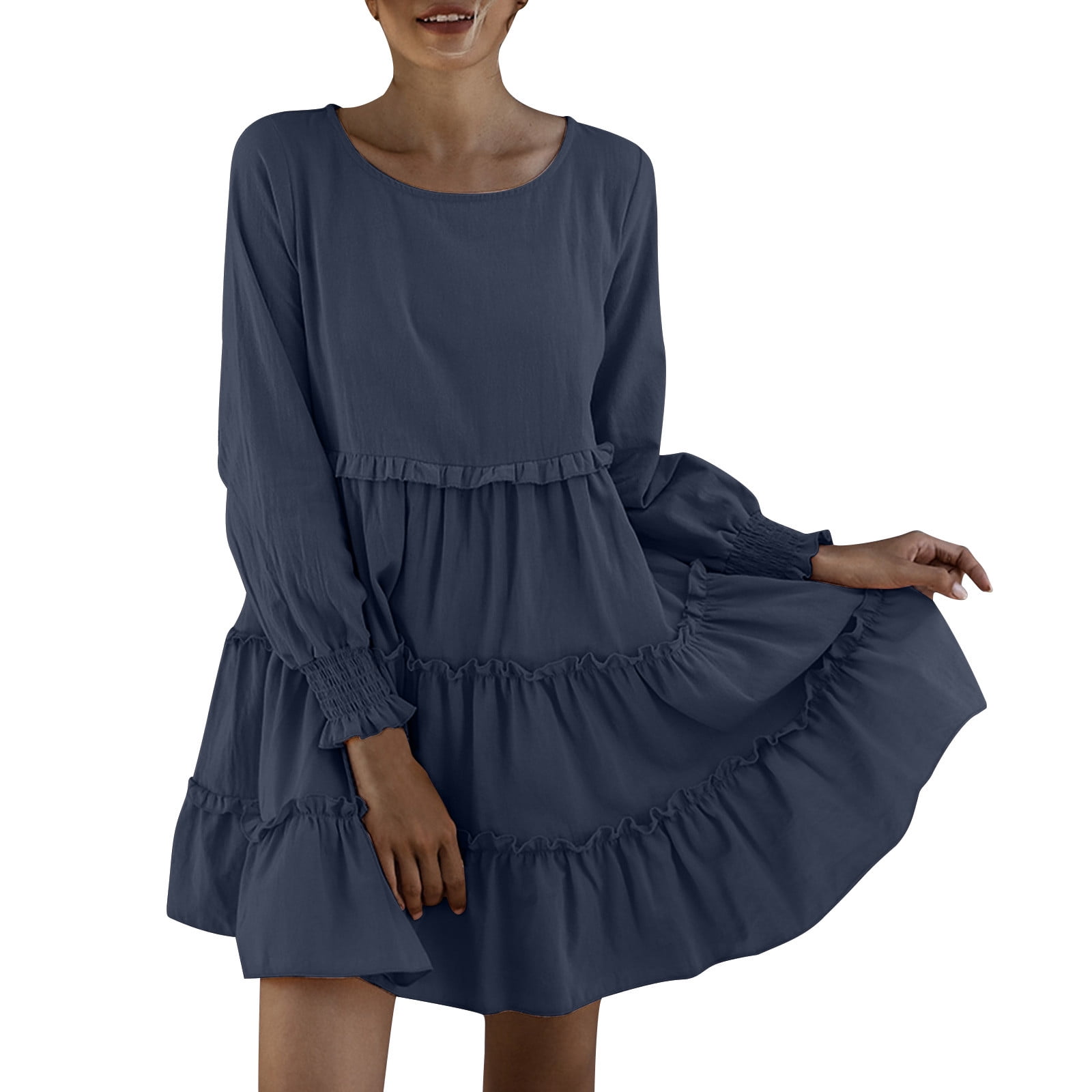 asdoklhq Wedding Guest Dresses for Womens Solid Color Round Neck Long Sleeved Loose Casual Dress Navy S
