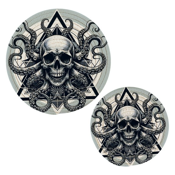 Skull with Octopus Pot Holders Set Trivets Hot Pads Cotton Mats for Cooking