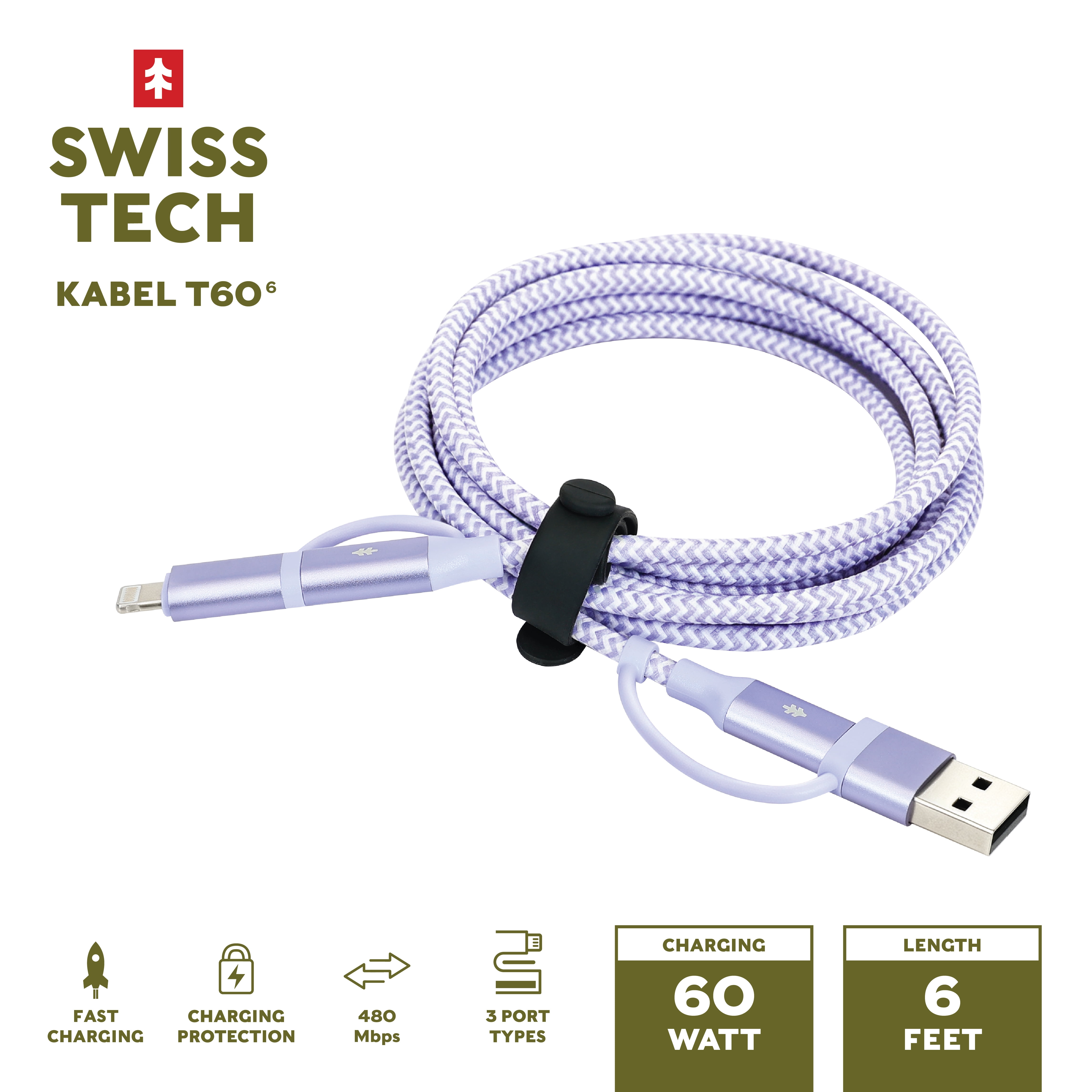 Swiss Tech Kabel T60 6 ft 60W 4-in-2 USB-C to USB-C/Lightning Charging Cable, Myrtle Purple
