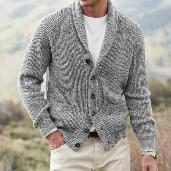 JUMESGU Business Casual Cardigan Men Men's Casual Cardigan Button Down Knitted Sweater (Grey,L)