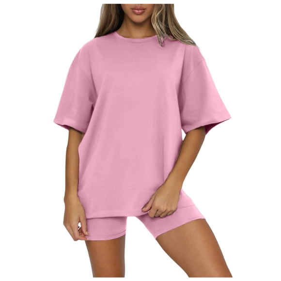 Conjunto de top de manga corta y cuello redondo y pantalones cortos de color liso para mujer - Tejido elástico, cintura elástica, informal para la playa/salidas, varias tallas