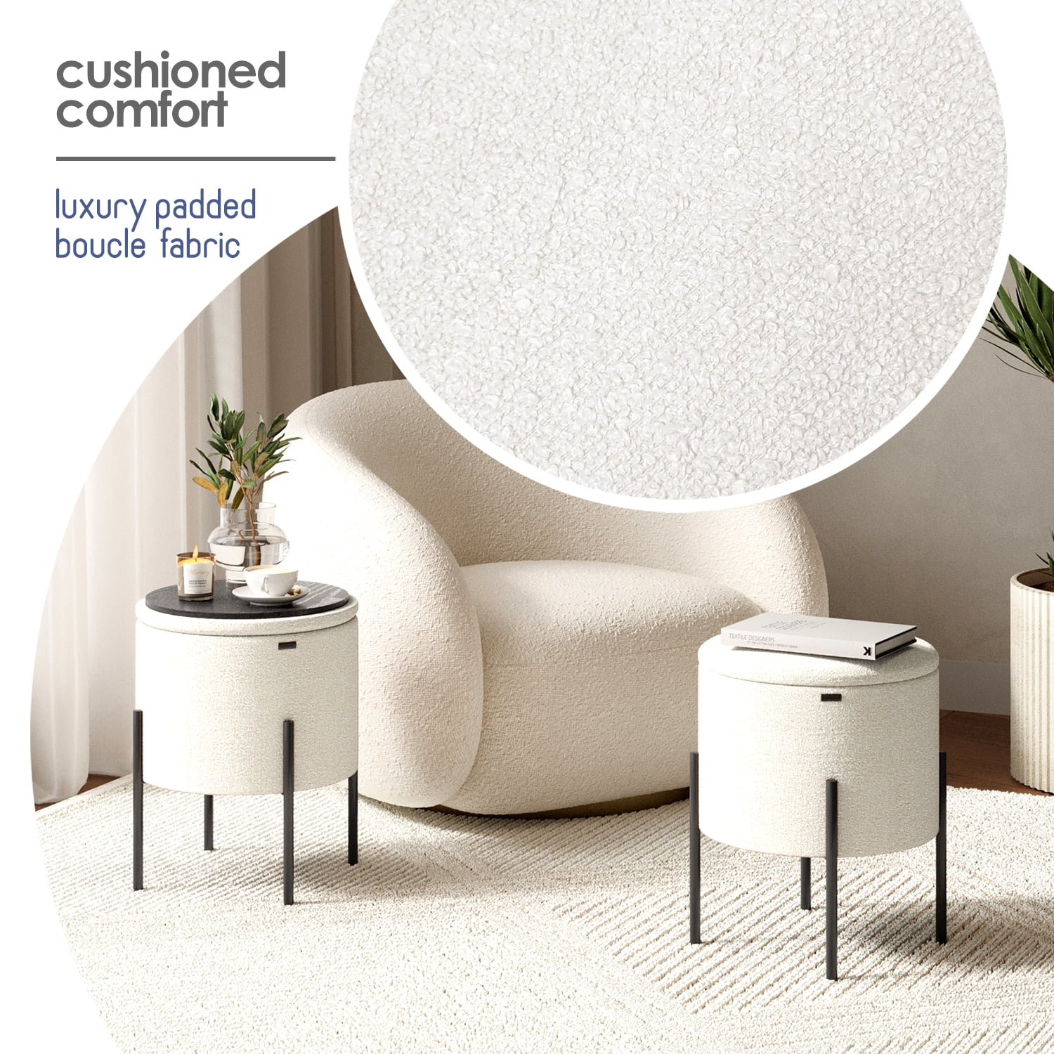 LammaLoe Small Round Ottoman with Storage, Boucle Ottoman Foot Stool with Lid, Upholstered Vanity Stool for Living Room & Bedroom, White