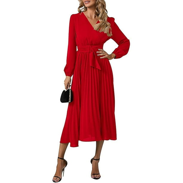 Vestido midi elegante de manga larga para mujer, con cinturón, para fiesta, boda, invitados, oficina