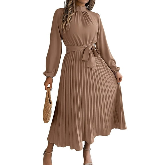 Yesfashion Autumn and Winter Elegant Women's Dress Stand Up Collar Long Sleeved Waist Cinched Long Skirt