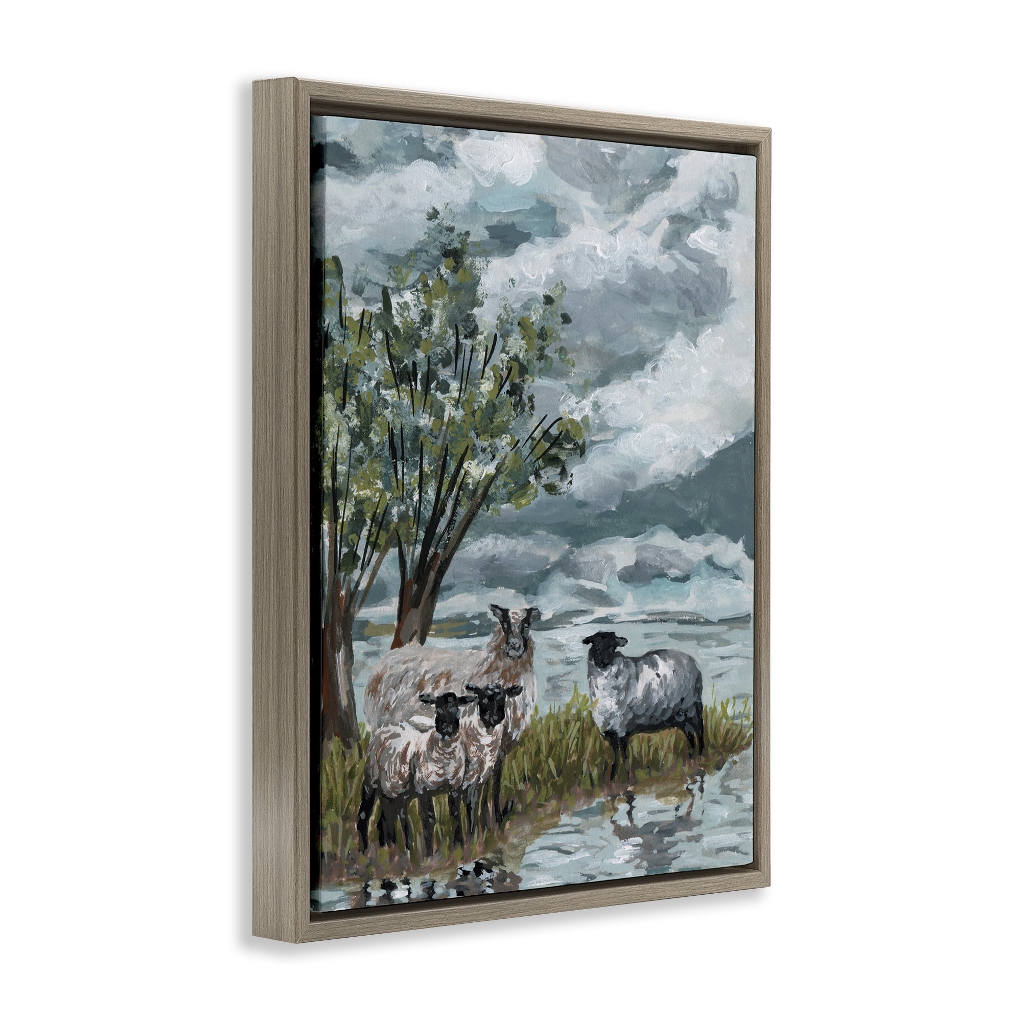 Stupell Industries Traditional Sheep View Landscape Painting Brown Floater Framed Canvas Art Print Wall Art, 17 x 21