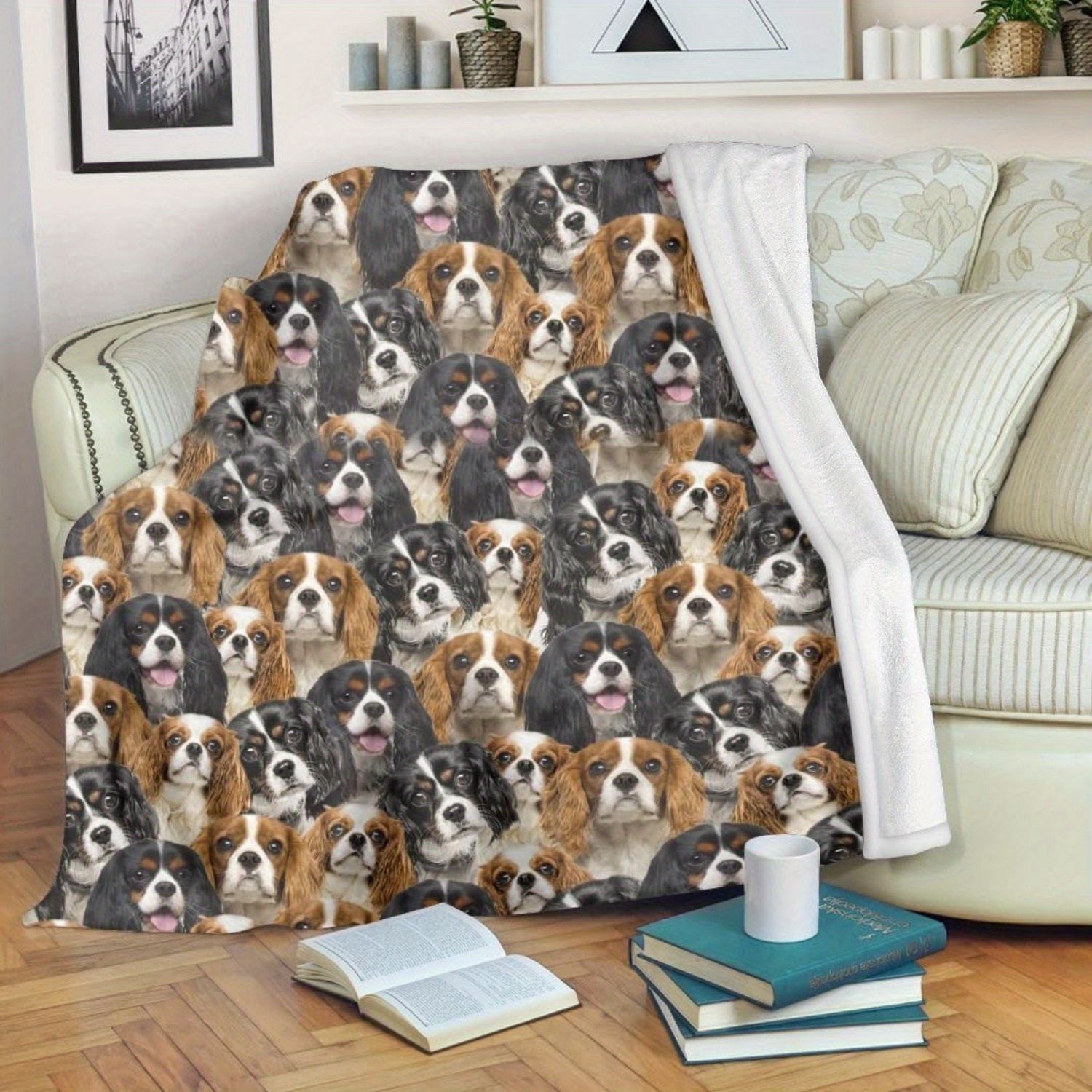 1pc Cavalier King Charles Spaniel Dog Blanket - Vintage Style Plush Flannel Throw with Multi-Color Dog Face Print, All-Season Cozy Blanket for Home, Office, Gift for Dog Lovers (Machine Washable), Co