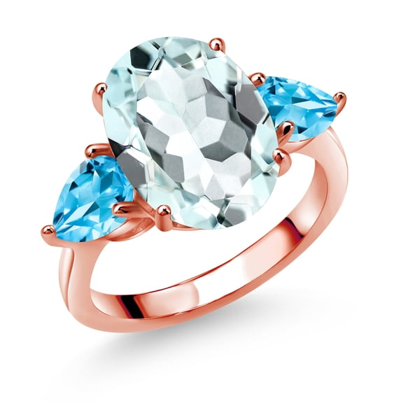 Gem Stone King 18K Rose Gold Plated Silver Sky Blue Simulated Aquamarine and Swiss Blue Topaz Ring for Women (7.24 Cttw, 14X10MM Oval and 7X5MM Pear Shape, Gemstone, Size 8)