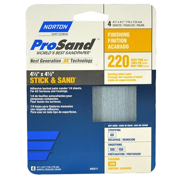 Norton ProSand 07660705311 Sanding Sheet, 4-1/2 in L, 4-1/2 in W, Very Fine, 220 Grit, Aluminum Oxide Abrasive