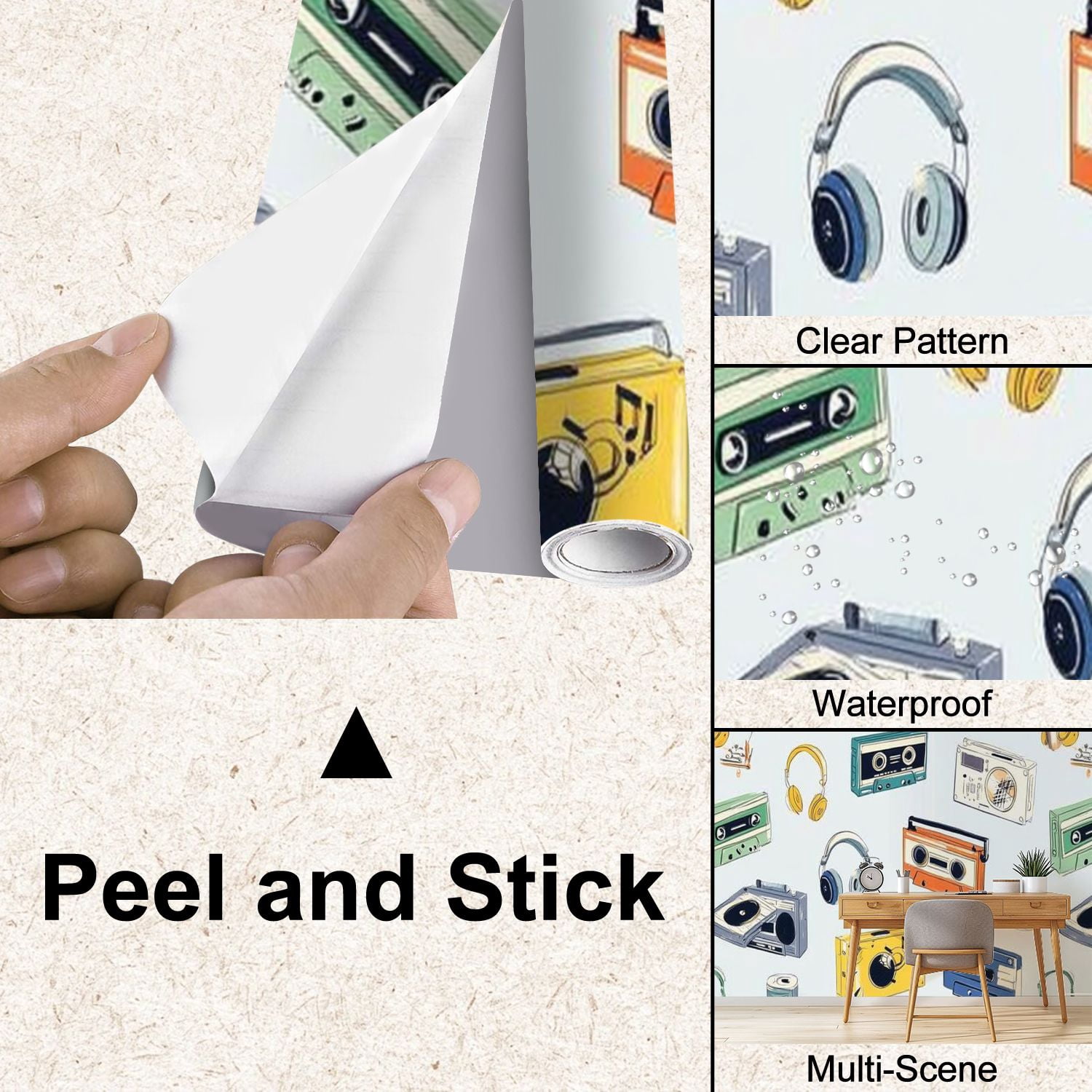 Peel and Stick Wallpaper Retro old cassettes boomboxes turntables tape recorders Modern Art Wall Mural Decor Self Adhesive and Removable 100in x 144in