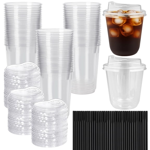 50 Sets Iced Coffee Cups with Lids, 16.9 fl oz / 500 ml Clear Plastic Cups, Disposable PET Crystal Cups, To Go Cup, U-Shaped Cocktail Cups with Straws & Leak-Proof Papers