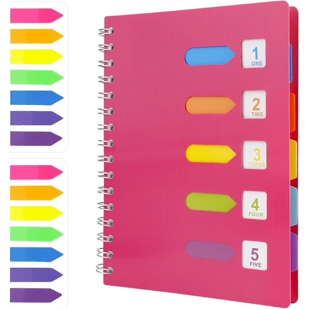 A5 Subject Spiral Notebook with 2Pcs Index Tabs, WireBound Notebook with 5 Colored Dividers, A5 Notepad, Plastic Cover Lined Page Journal (Pink)