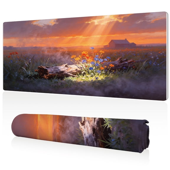 LIVEKEY Mouse Pad 80x40x0.3cm Sunset Field with Fallen Log and Flowers Design Extra Large Full Desk Coverage Durable Easy Clean Non Slip Stitched Edges for Gaming and Office