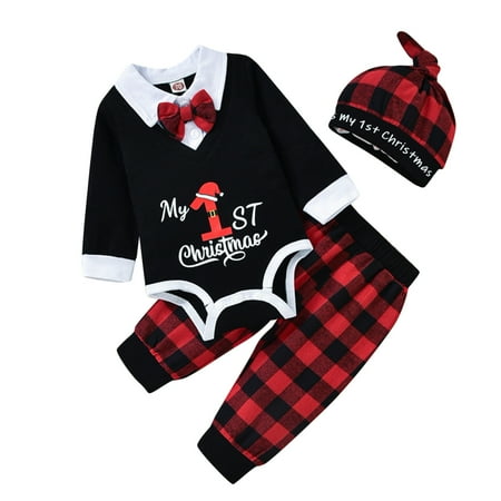 

Toddler Baby Boys Christmas Letters Long Sleeves Romper Plaid Prints Pants Hat 3PC Outfit Set For 12-18 Months