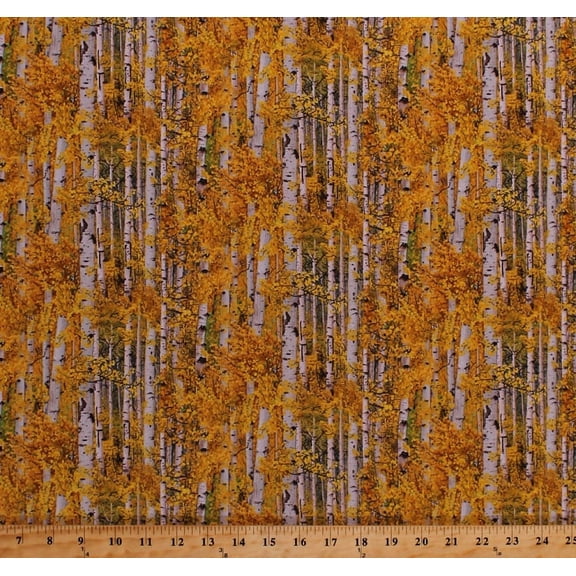 Cotton Birch Trees Woods Forest Fall Autumn Colors Golden Yellow Leaf Leaves Woodlands Landscape Medley Gold Autumnal Cotton Fabric Print by the Yard (491-GOLD)