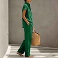 thumbnail image 5 of LEKWK Linen Sets for Women 2 Piece Short Sleeve Stand Collar Henley Tops and Loose Wide Leg Pants with Pockets Summer Casual Fashion Vacation Workwear, 5 of 7