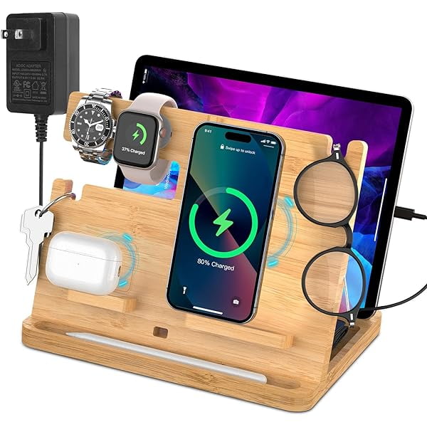 wonima44 Bamboo Wireless Charging Station for iPhone and Airpods and ipad, Fast Wireless Charger Stand for iPad and iPhone 14/13/12/11 Pro Max/X/Xs Max/8 and AirPods Pro and iWatch Series SE, 2-8
