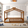 thumbnail image 2 of Full Size House Bed Solid Wood Floor Bed Frame with Fence Guardrails and Roof Montessori Bed Playhouse Bed for Children Girls and Boys, Walnut, 2 of 7