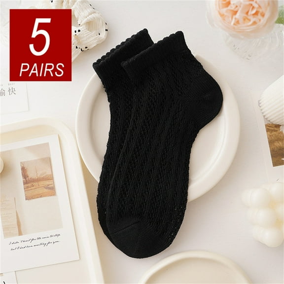 5 Pairs Summer Short Tube Lace Women Thin Cotton Socks Hollow Out Mesh Solid Color Girls Ankle Socks Anti Odor Sweat Absorbing