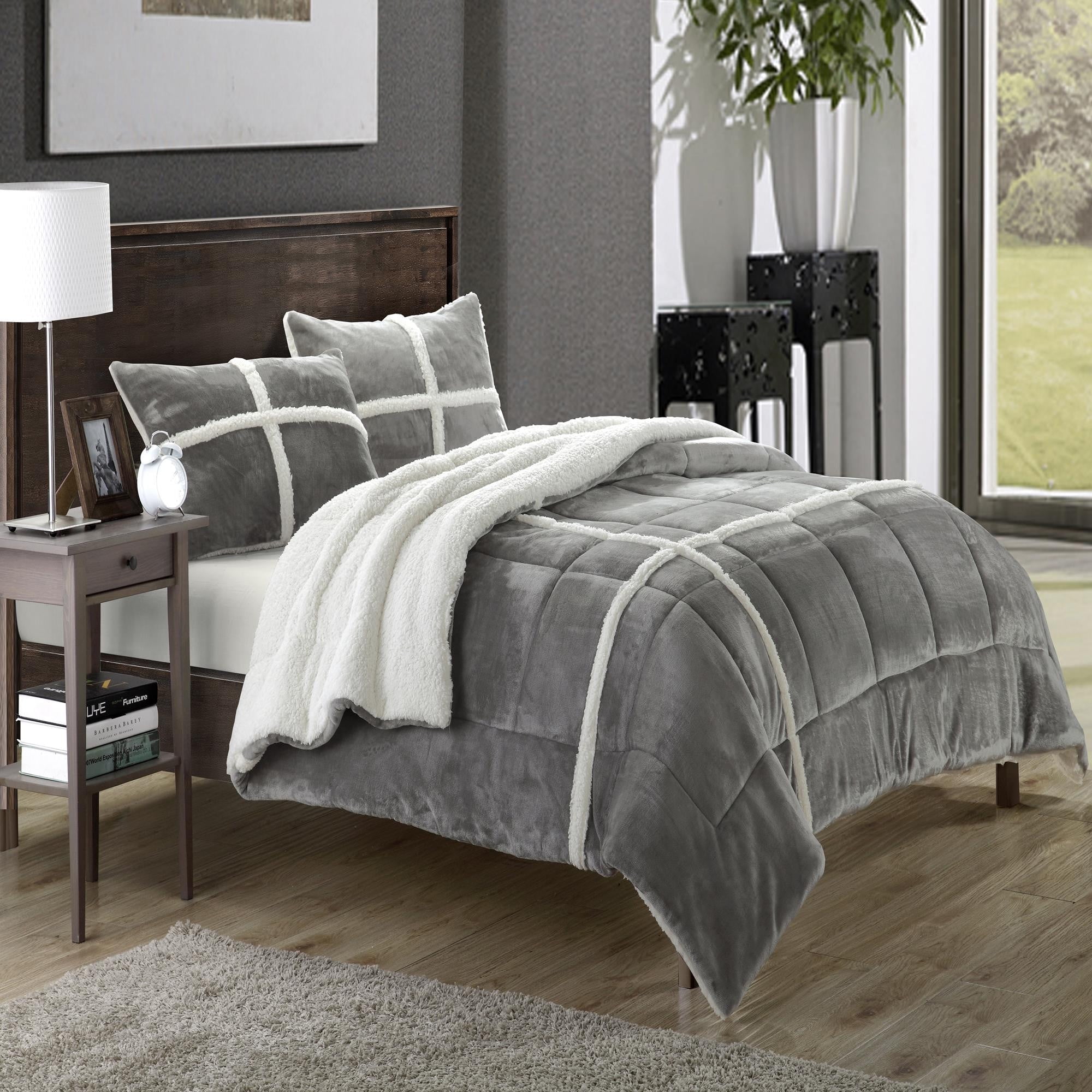Chloe Plush Microsuede Sherpa Lined Silver 3 Piece Comforter & Shams