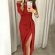 thumbnail image 2 of Moda mujer verano moda sexy sólido un hombro plisado Split Tenedor vestido Fridja  yut6604, 2 of 6