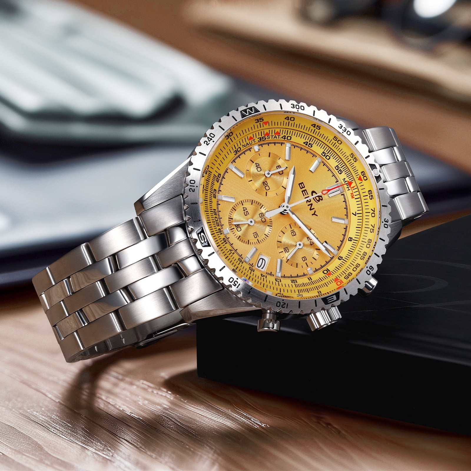 BERNY Silver Chronograph Watches for Men, Sport Luxury Analog Quartz Watch with Tachymeter, Stainless Steel, Waterproof, Luminous, Sapphire Crystal, Date Calender, Men's Wristwatch (Gold)