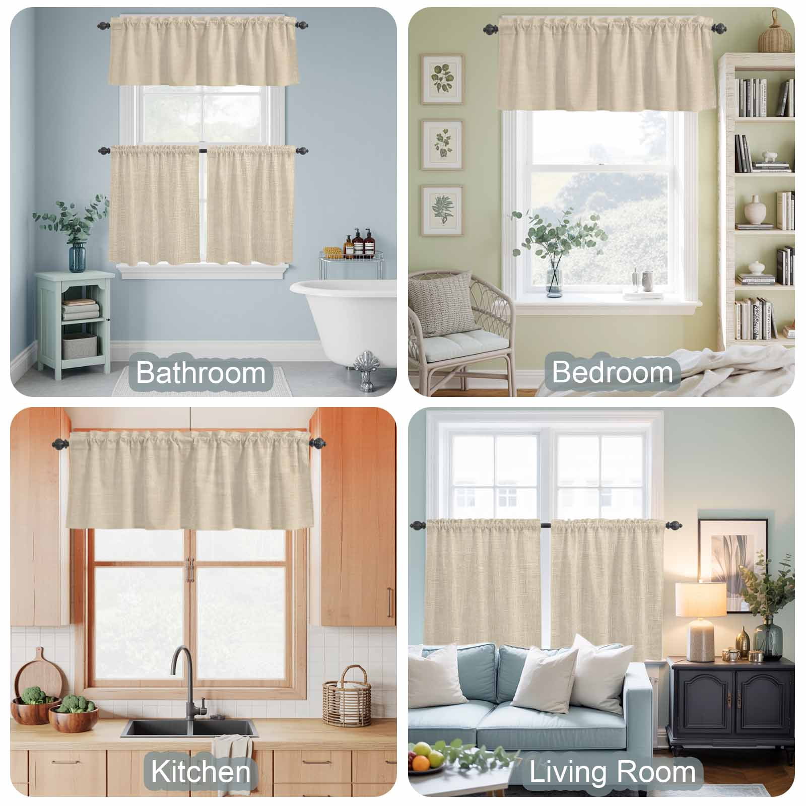 Kitchen Window Curtains Valance and Tier Set, Vintage Country Beige Linen Texture Rod Pocket Tier Curtains and Valance 3 Piece Set, Farm Burlap Window Treatment for Bedroom Living Room