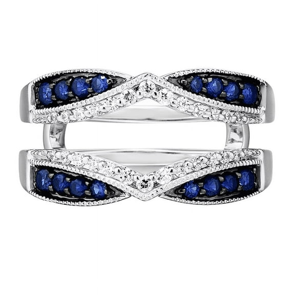 Blue Sapphire & White Diamond Wrap Ring Jacket in 925 Sterling Silver - Wedding Engagement Ring Enhancer For Women & Girls