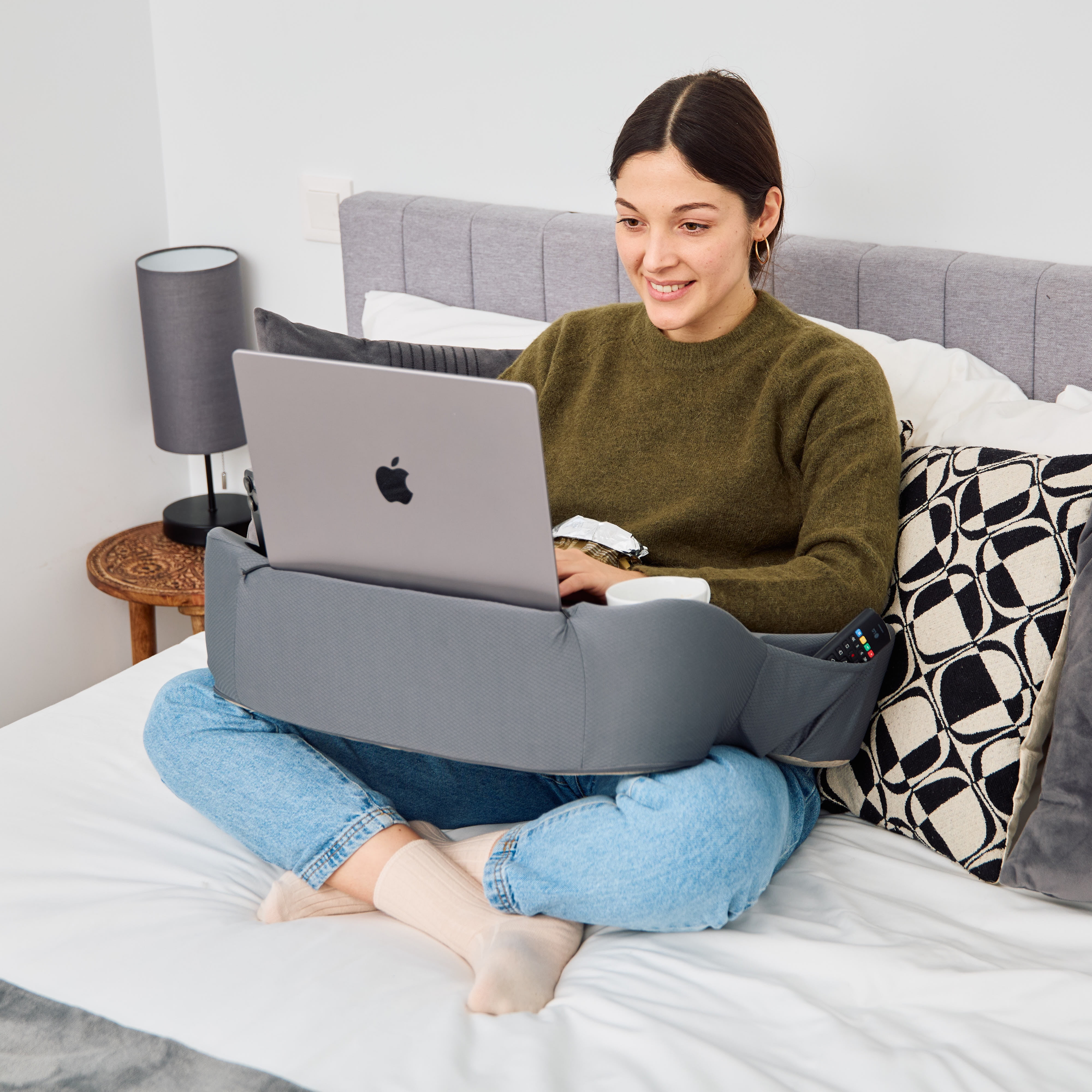TabCouchCaddy Lap Desk Pillow - Cushioned Lap Pillow for Reading, Gaming, Work & Travel, Soft & Portable Laptop Desk for Bed, Couch, Ergonomic Support for Laptops & Tablets (Grey)