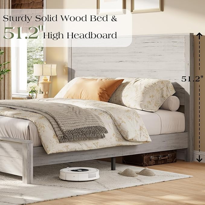VanAcc Queen Size Wood Platform Bed, Rustic Bed Frame with 51.2" Tall Slatted Headboard, Wooden Slats & Metal Support, Noise Free, Rustic White
