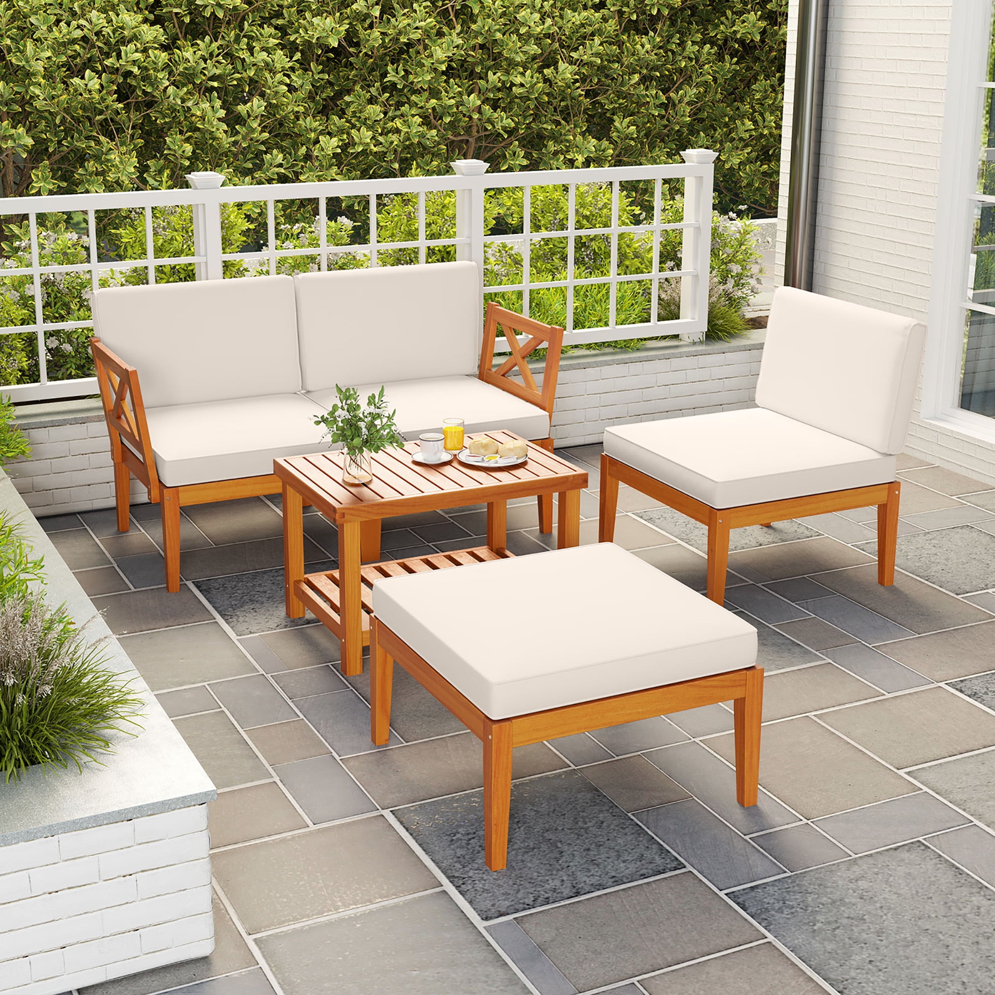 Gymax 5 PCS Acacia Wood Patio Furniture Set w/ 2-Tier Coffee Table and Cushions