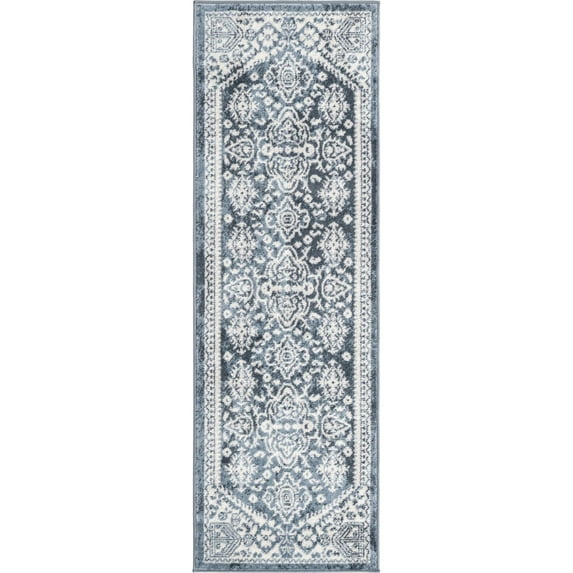2' x 6' Blue and Ivory Border Rectangular Rug Runner