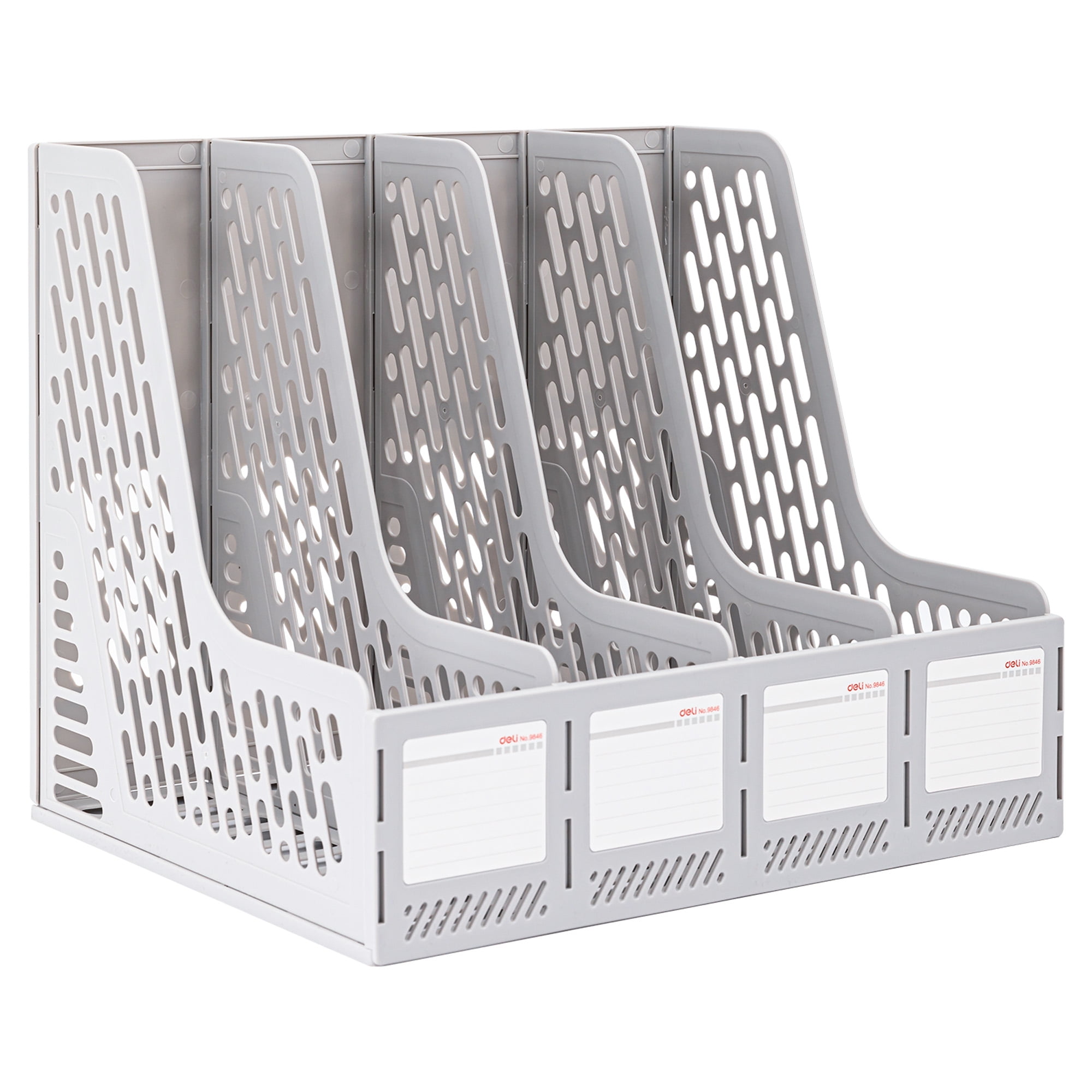 Deli Magazine File Book Holder Desktop Organizer , 4 Compartments, Plastic, Gray