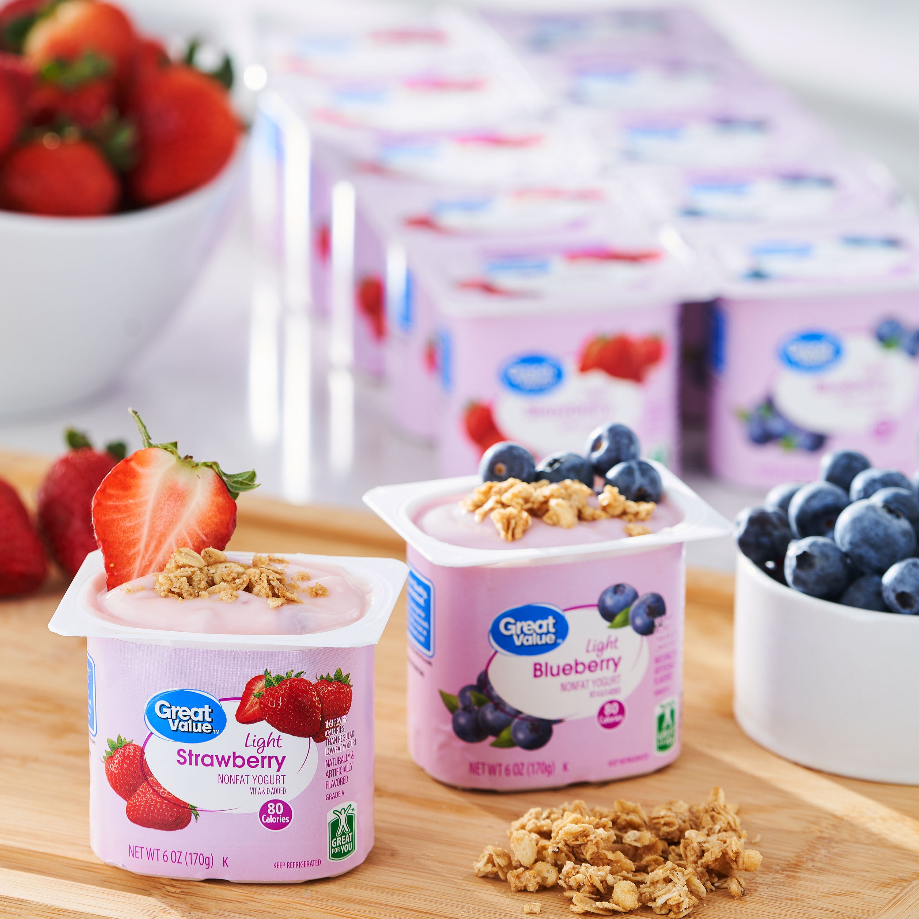 Great Value Light Strawberry and Blueberry Nonfat Yogurt, 6 oz, 12 Count