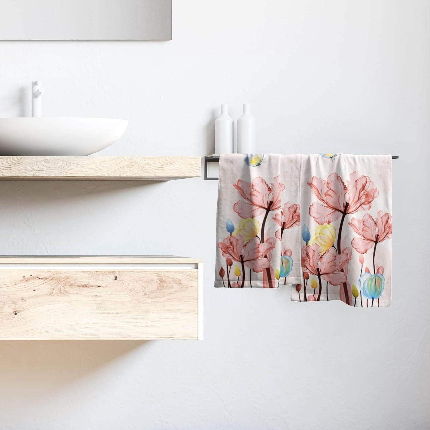 Pink Floral Hand Towels Set of 2 Modern Flower Soft Absorbent Small Decorative Fingertip Face Towel for Bathroom Kitchen Hotel Spa Gift