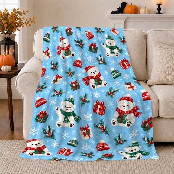 Playful Polar Bears Wearing Festive Hats Holding Boxes, Festive Holiday Scene, Warm Flannel Blanket for Cabin and Lodge, Art Lovers Christmas Gift, Festive Home Decor